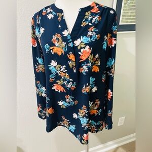 Valerie Stevens Flowy Long Sleeve Women’s Floral Navy Blue Blouse Top S
